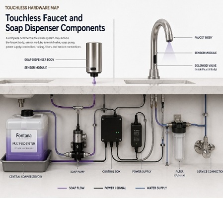 Touchless faucet and soap dispenser components diagram showing faucet body, sensor module, solenoid valve, and control box